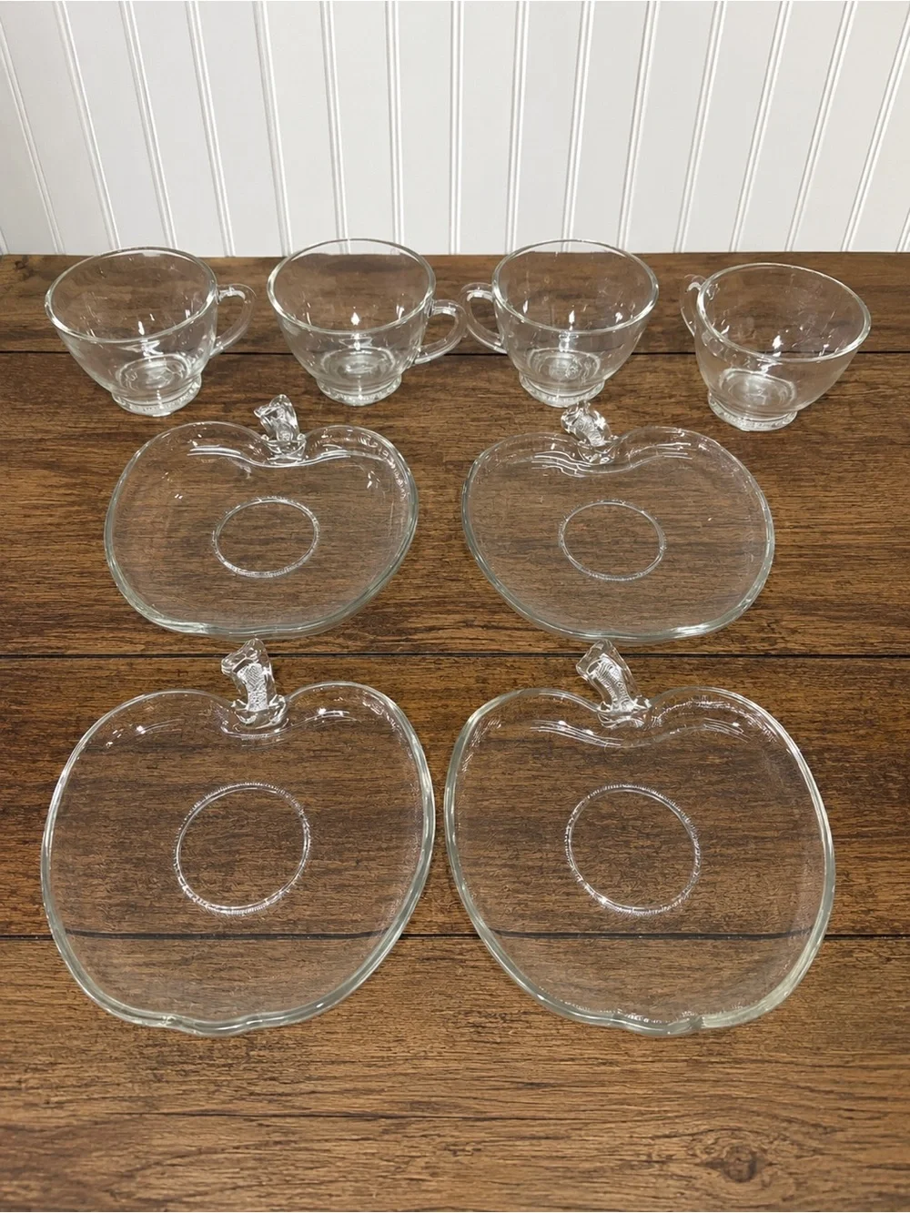 Vintage Apple Shaped Snack Set 4 Cups & 4 Glass Plates Clear Luncheon Dessert